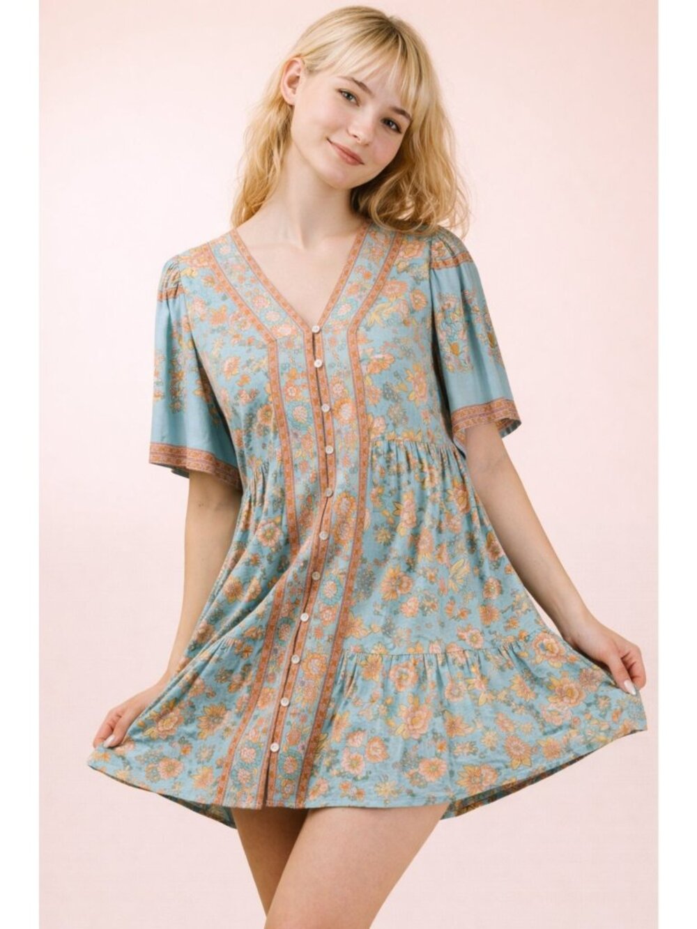 Very J Blue Floral Flutter Short Sleeves Front Button Dress Size Large NWT